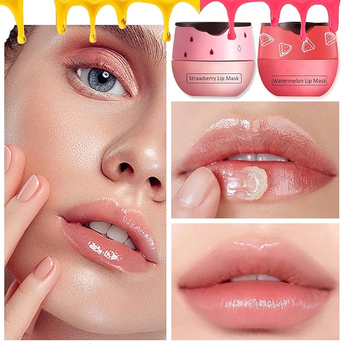 3 PCS Bee Lip Balm Lip Mask Honey Pot,Honey & Strawberry & Watermelon Lip Sleeping Mask,Moisturizing Lip Mask Overnight Prevention Dry and Cracked Lip Scrubs Exfoliator Lip Care-VivaGrace Women