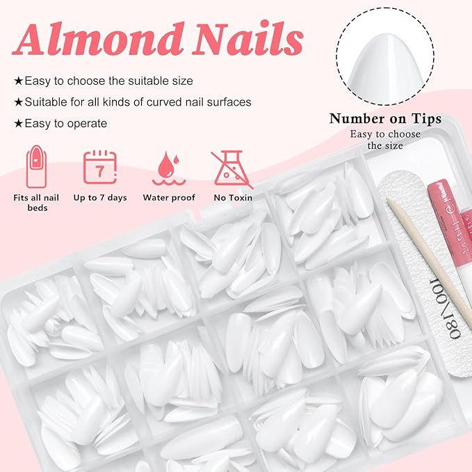 LoveOurHome 240pc Short Almond White Press on Nails Colored Fake Nail Tips Full Cover Artificial Fingernail French Stiletto Manicure with Adhesive Tabs for Women Girls Kids