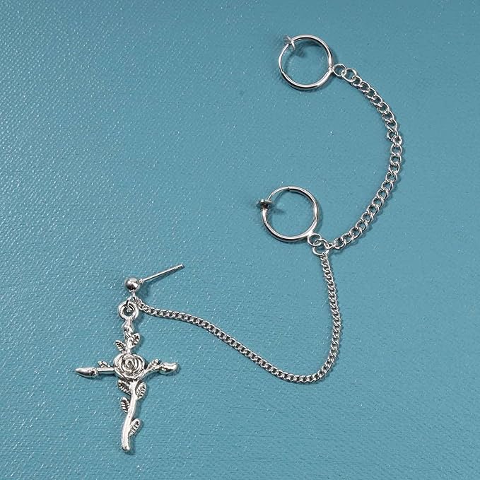 Cross Chain Cuff Earrings Silver Cross Dangle Chain Earrings Long Crucifix Drop Earrings Religious Ear Cuff Wrap Chain Earrings Jewelry for Women and Girls-VivaGrace Women
