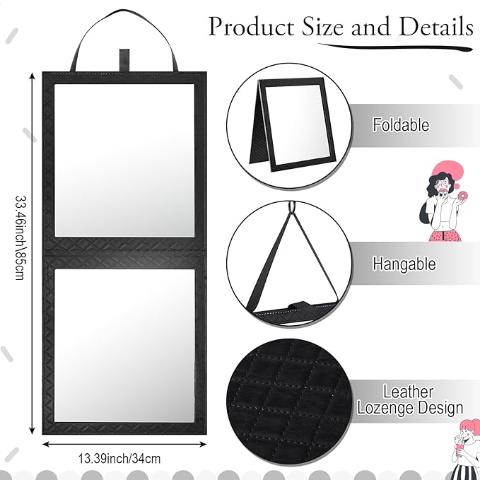 Foldable Backstage Mirror with Handle 33.5X 13.4 Inch Leather Folding Hanging Mirror Rectangular for Travel Dance Bag Home Fitness Spa Gift for Dancers(Black)