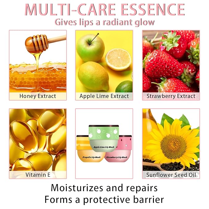 3 Pcs Bee Lip Balm Honey Pot, Honey Strawberry Apple Lip Mask Overnight, Moisturizing Lip Sleeping Mask, Hydrate Repair Prevent Dry Cracked Lip Exfoliator Lip Care (Honey+Strawberry+Apple Lime)-VivaGrace Women