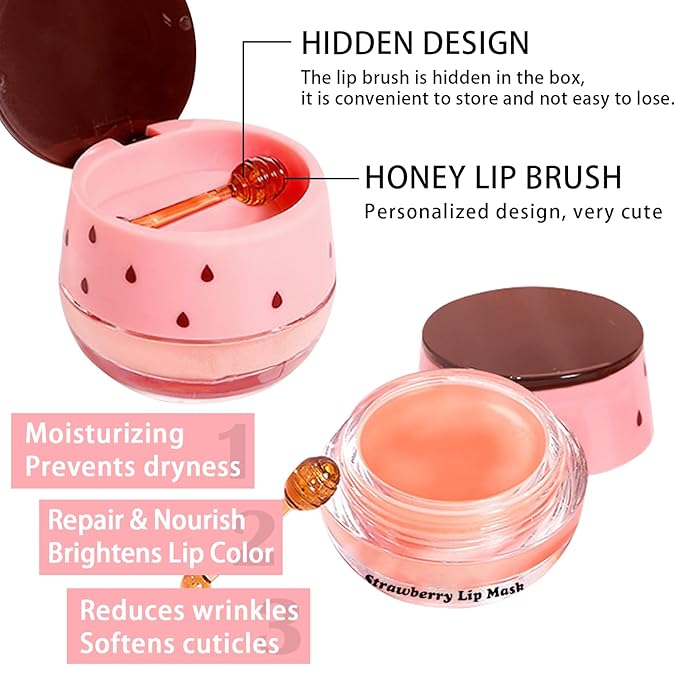 3 PCS Bee Lip Balm Honey Pot, Honey & Strawberry & Watermelon Lip Mask Overnight Propolis Moisturizing Lip Balm Hydrating Prevention Dry and Crack Lip Scrubs Exfoliator Lip Wrinkle Care (Set B)-VivaGrace Women