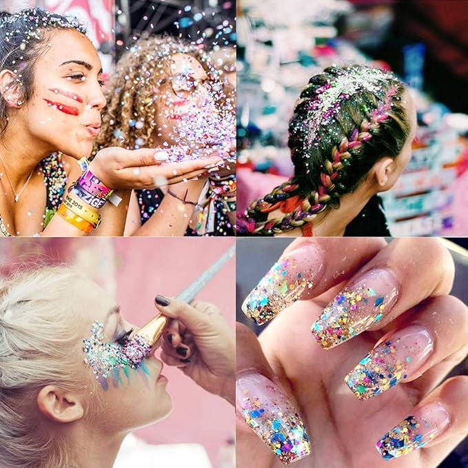 Allstarry 12 Colors Chunky Glitter Holographic Craft Glitter Cosmetic Nail Art Sequins Mixed Fine Glitter Flakes for Nails Art Decoration Hair Eyes Face Body, Resin Tumblers, Epoxy, Slime-VivaGrace Women