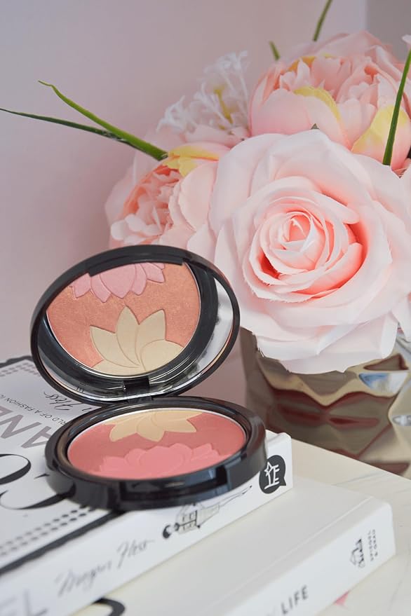 Manna Kadar Beauty - Blossom Floral Compact, Multi-functional Blush & Highlighter, 3 Shades of Pink, Coral, & Champagne for a Perfect Blend, Natural & Radiant, Use on Décolletage, Highly Pigmented-VivaGrace Women