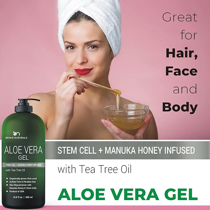 Aloe vera Gel - from 100% Pure Organic Aloe Infused with Manuka Honey, Stem Cell, Tea Tree Oil - Natural Raw Moisturizer for Face, Body, Hair. Perfect for Sunburn, Acne, Razor Bumps 16.9 fl oz-VivaGrace Women