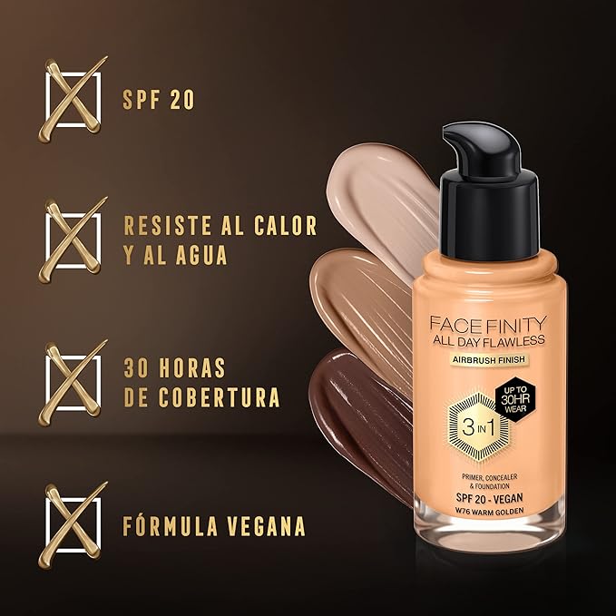 Max Factor Facefinity 3-in-1 All Day Flawless Liquid Foundation, SPF 20-76 Warm Golden, 30 ml-VivaGrace Women