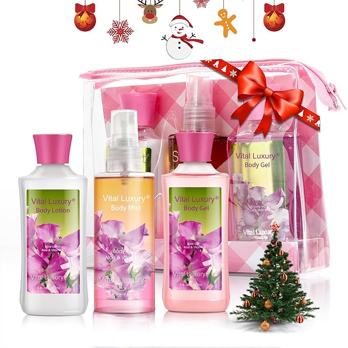 Bath & Body Care Travel Set Pea Flower Scent Home Spa Set with Body Lotion, Shower Gel and Fragrance Mist, Christmas Gifts for Her and Him-VivaGrace Women