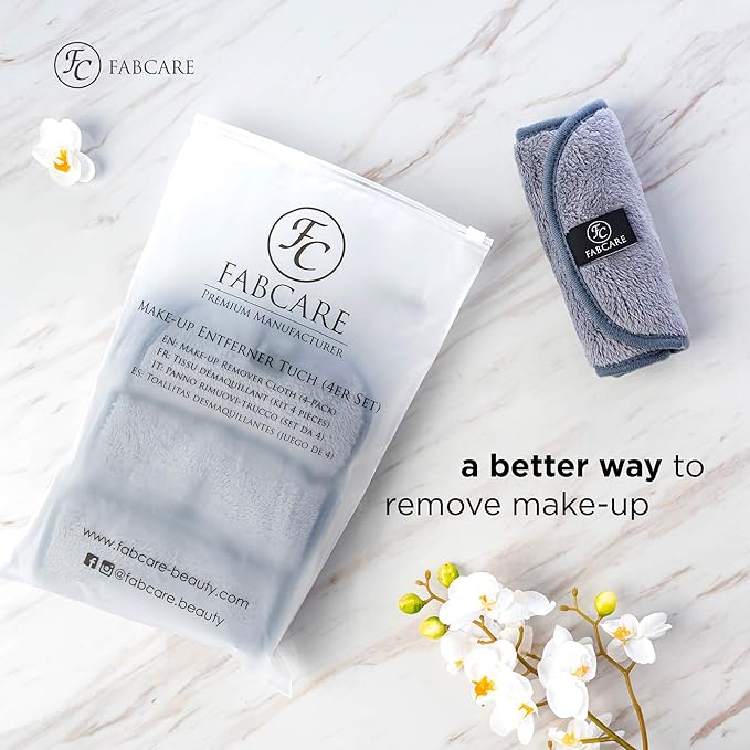FABCARE Makeup Remover Cloth Microfibre (4 Pieces) - DERMATEST Very Good - Washable up to 95°C - Integrated Removal Glove for Face - Reusable and Washable Microfibre Cloths for Skincare