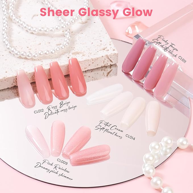 Jelly Gel Nail Polish Kit with U V Light, Hema-Free Milky Nude Sheer White Pink Gliter Gel Polish Set with Base & Top Coat Chrome Nail Powder, 4 Colors Mini Salon Nail Art Starter Gift for Women Girl-VivaGrace Women