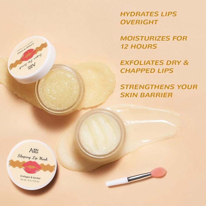 ANAI RUI Lip Mask and Scrub Set, Lip Sleeping Mask & Lip Exfoliator/Scrub for Exfoliating & Lip Overnight Treatment, Lip Care Gift Kits for Dry, Chapped & Dark Lips, Reduce Fine Lines, Vanilla-VivaGrace Women