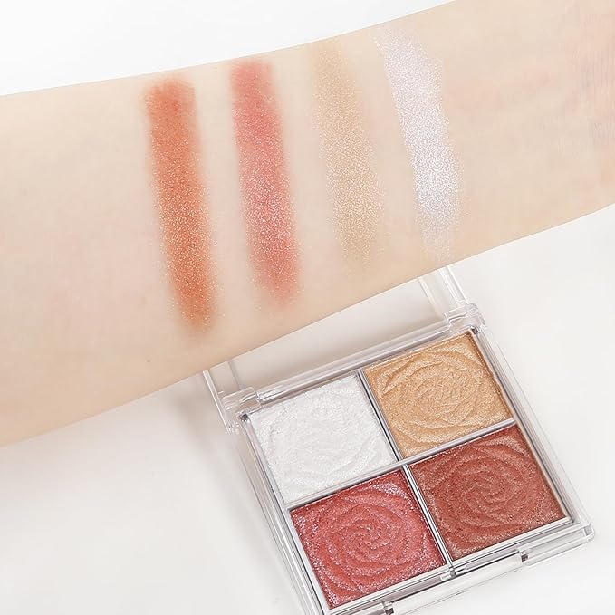 Boobeen Blush and Highlighter Palette- 4-color Metallic Shimmer Shadow Powder, Illuminator Makeup Set for Shading, Highlighting & Defining the Face-VivaGrace Women