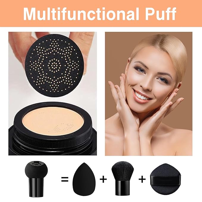 2Pcs Mushroom Head Air Cushion CC Cream, Long Lasting Oil Control BB Cream for All Skin Types, Moisturizing Foundation Face Makeup Set with Foundation Brush (#Natural)-VivaGrace Women