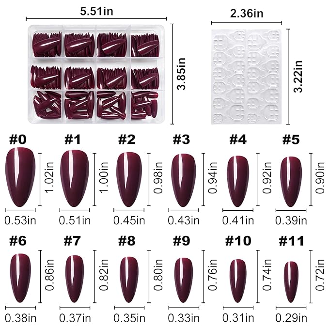 LoveOurHome 240pc Christmas Almond Press on Nails Medium Fake Nail Tips Acrylic Nails Press ons Nail Almond Burgundy Red Short Stiletto Artificial Fingernail & Glue Adhesive Tabs for Women Girls Kid