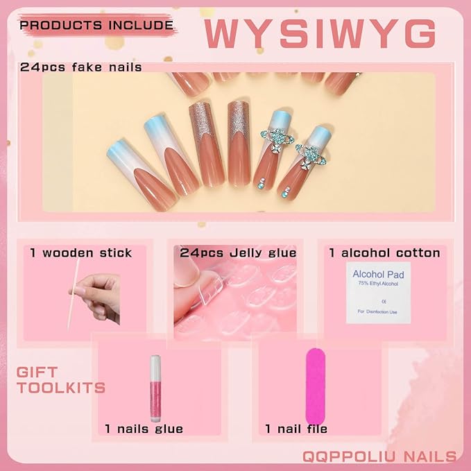 Square Press on Nails Long Nails Press Ons with Design Rhinestone Glue on Nails French Tip Nails for Women 24pcs (Seafoam)