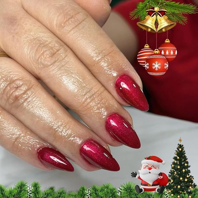 KQueenest Glitter Red Press on Nails Almond Medium, Cute Shinny Fake Nails Medium Stiletto, Bling Acrylic Nails False Nails Press on, Glue on Nails For Women Party Holiday Wear in 24 Pcs