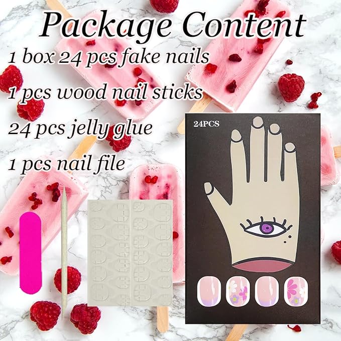 24Pcs Short Press on Nails Almond Fake Nails French Tip Press Ons Colorful Daisy Flowers Acrylic Nails Nude Pink Full Cover Glue on Nails Oval Floral False Nails for Women Girls DIY Manicure Tips