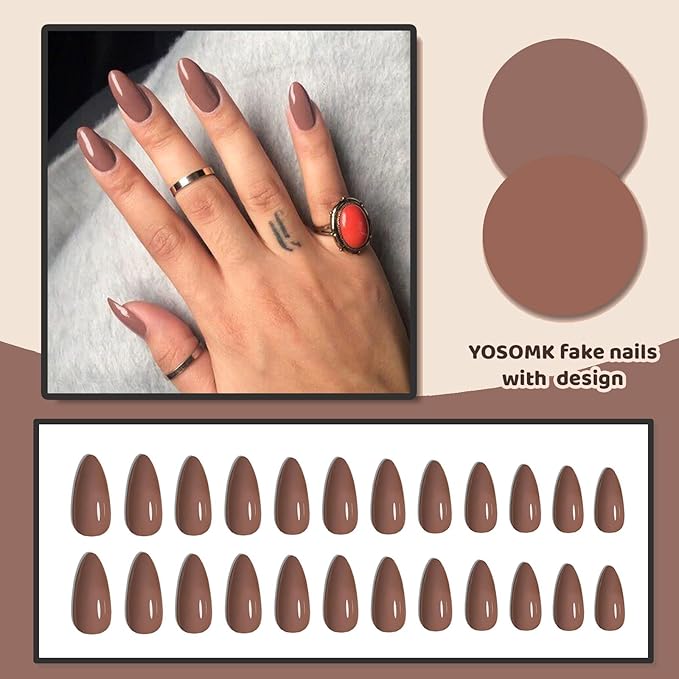 Brown Press on Nails Medium Almond Fake Nails with Designs Glossy Stick on Nails Full Cover False Nails Glue on Acrylic Nails for Women and Girls