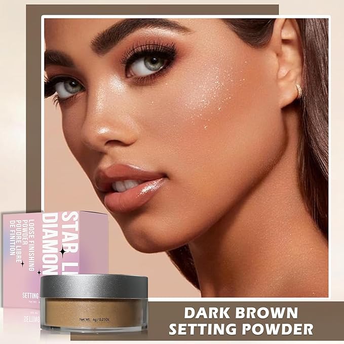 Loose Face Powder Setting Powder, Shimmer Glitter Loose Powder, Matte Finishing Powder Shine, Waterproof, Oil Control, Lightweight Face Powder Makeup for All Skin Tones (Dark Brown Shimmer)-VivaGrace Women