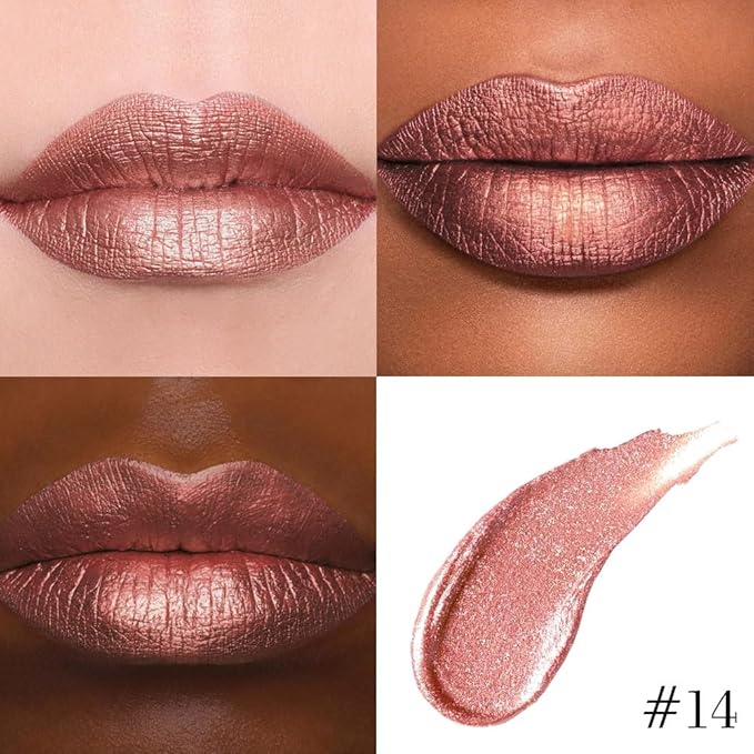 evpct Bronze Gold Metallic Glitter Lip Liner and Lipstick Combo Lip Gloss Stain Set Makeup for Women Long Lasting Waterproof 24, Rose Gold Metallic Shimmer Frosted Iridescent Glossy Liquid Lipstick 14-VivaGrace Women