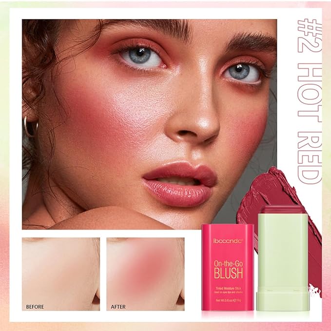 Multi-Use Makeup Blush Stick,Cream Blush Stick,Solid Moisturizer Stick,Waterproof Natural Nude Makeup,Tinted Solid Moisturizer Stick for Eyes Lips Cheek (2#Hot Red)-VivaGrace Women
