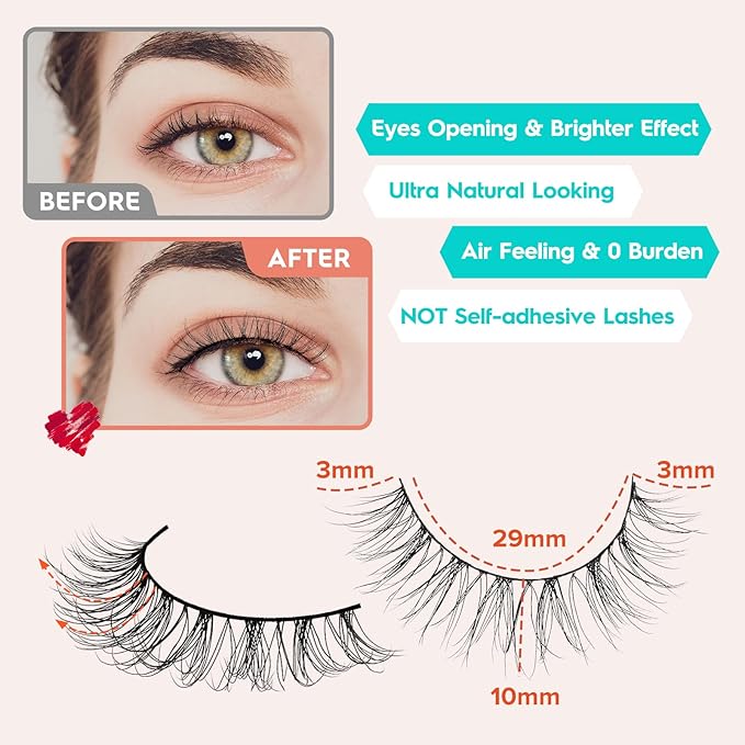 Natural Lashes Wispy False Eyelashes 10mm Short Lashes 3D Volume Strip Lashes Fake Eyelashes Siligli Lashes Thin Band Curly Eye Lashes Pack 10 pair-VivaGrace Women