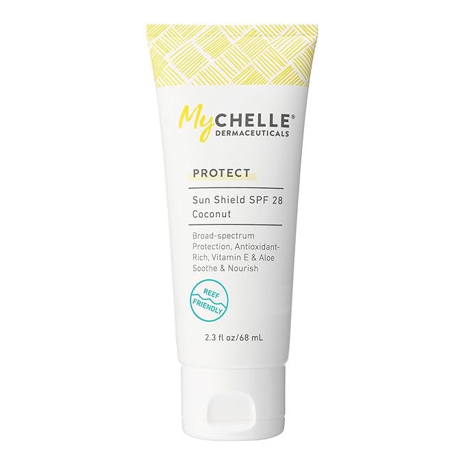 MyCHELLE Dermaceuticals Sun Shield SPF 28 Coconut (2.3 Fl Oz) - Soothing Reef Safe Sunscreen with Vitamin E and Aloe - Travel Size Zinc Sunscreen for Face and Body-VivaGrace Women