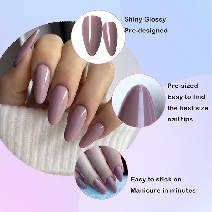 LoveOurHome 240pc Medium Press on Nails Almond Fake Nail Tips Full Cover False Nail Colored Artificial Nail Short Stiletto Almond Presson on Fingernail with Glue Adhesive Tabs for Women Girls Kids