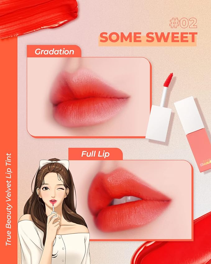 AMTS Webtoon True Beauty - 02 Some Sweet | Coral Lip Tint Stain | High Pigment Liquid Shine Non-Sticky Long-Wearing Long-Lasting | Korean Webtoon True Beauty Cute Coral Makeup-VivaGrace Women