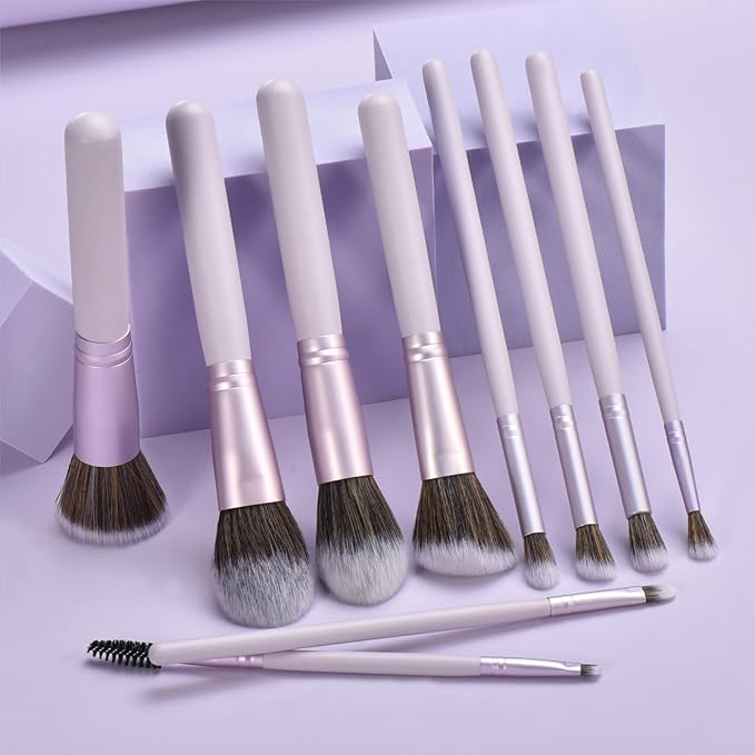 10 Piece Purple Makeup Brushes Set and 3 Piece Makeup Sponge - Wooden Handle with Soft Synthetic Bristles, for Face & Eye Makeup | Professional Cosmetic Brushes | Includes Travel Pouch-VivaGrace Women
