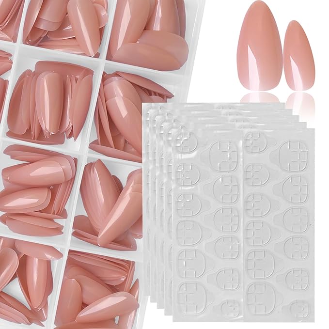 LoveOurHome 240pc Almond Press on Nails Medium Length, Colored Nude Fake Nail Tips Full Cover Artificial Fingernail French Stiletto Manicure with Adhesive Tabs for Women Girls Kids