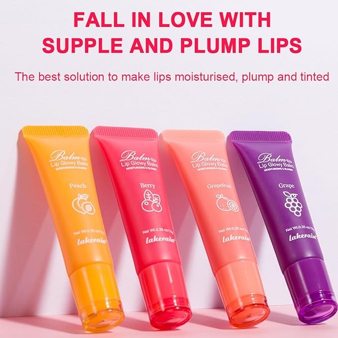 Lip Glowy Balm,4 Pack Fruit Glowy Lip Balm,Vitamin E Lip Glowy Balm Set Reduce Lip Lines, Enhance Lip Color,Moisturizing & Plump Quickly Replenishing Moisture and Relieving Dry Lips-VivaGrace Women