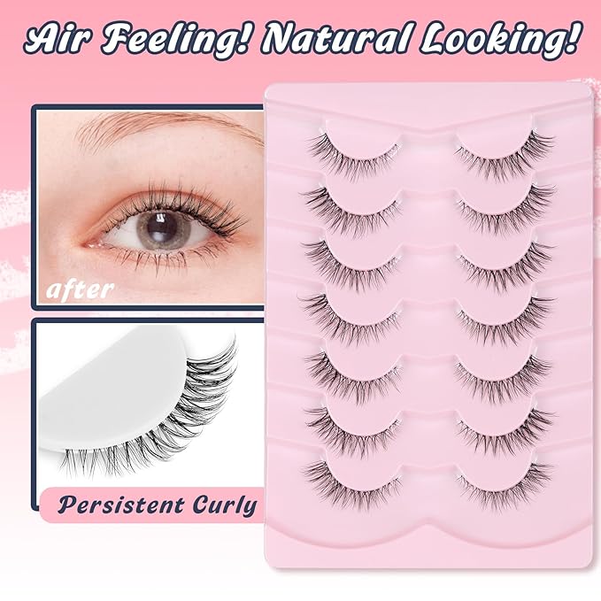 Cat Eyelashes Natural Eye Lashes 12mm False Lashes Wispy Thin Band 3D Volume Fake Eyelash C Curl Lash Pack Natural Look 7 Pair-VivaGrace Women
