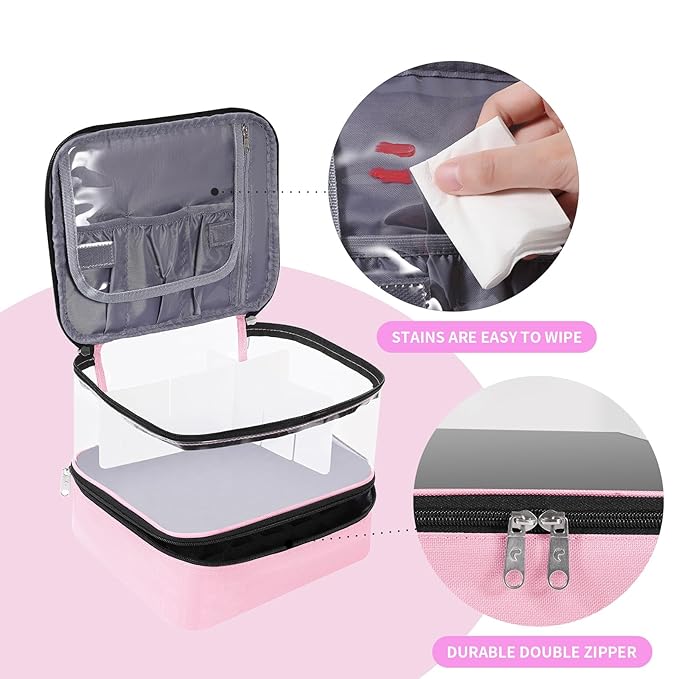 Clear Nail Polish Organizer Double layer Nail Polish Holds 30 Bottles and Nail Lamp, Nail Dryer Case Storage Supplies with Adjustable Dividers, Portable Nail Carrying Bag for Nail Tech (Pink)