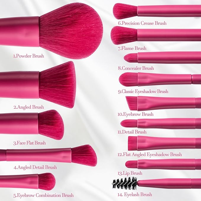 BS-MALL Travel Makeup Brush Set Foundation Powder Concealers Eye Shadows Makeup Set with LED light Mirror 14 Pcs (HotPink)-VivaGrace Women