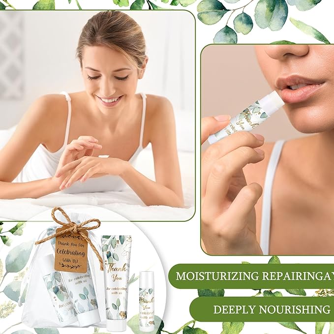 200 Pcs Baby Shower Wedding Party Favors Gift Set, 50 Pcs Baby Shower Hand Cream and 50 Lip Balm for Wedding Bridesmaid Guests Gift Supplies with 50 Organza Bag 50 Thank You Tag(Eucalyptus)-VivaGrace Women