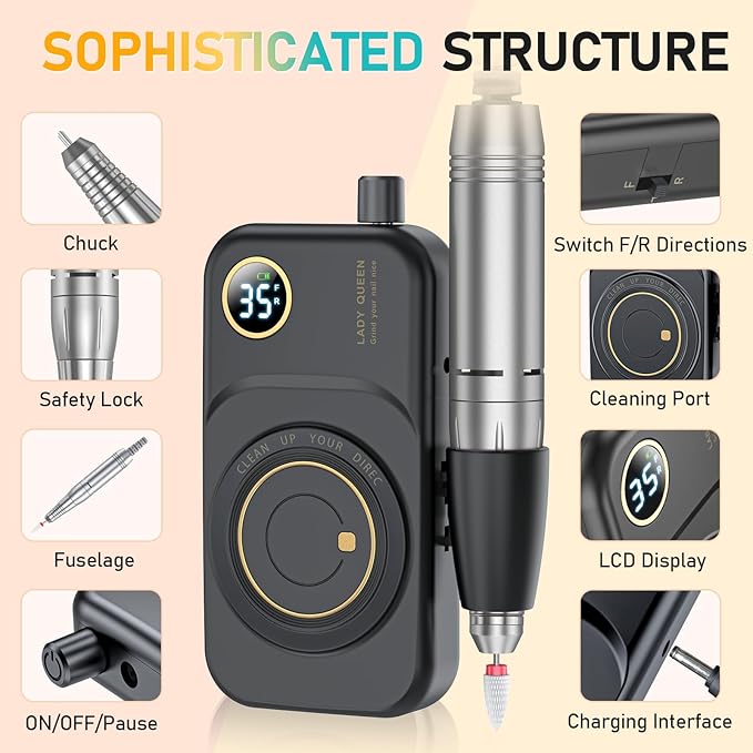 Portable Nail Drill Electric File: 35000RPM Professional Rechargeable Nail E File Machine,for Acrylic Nails Gel Polishing Removing, Cordless Efile with Bits Kit for Manicure Salon Home (Black)-VivaGrace Women