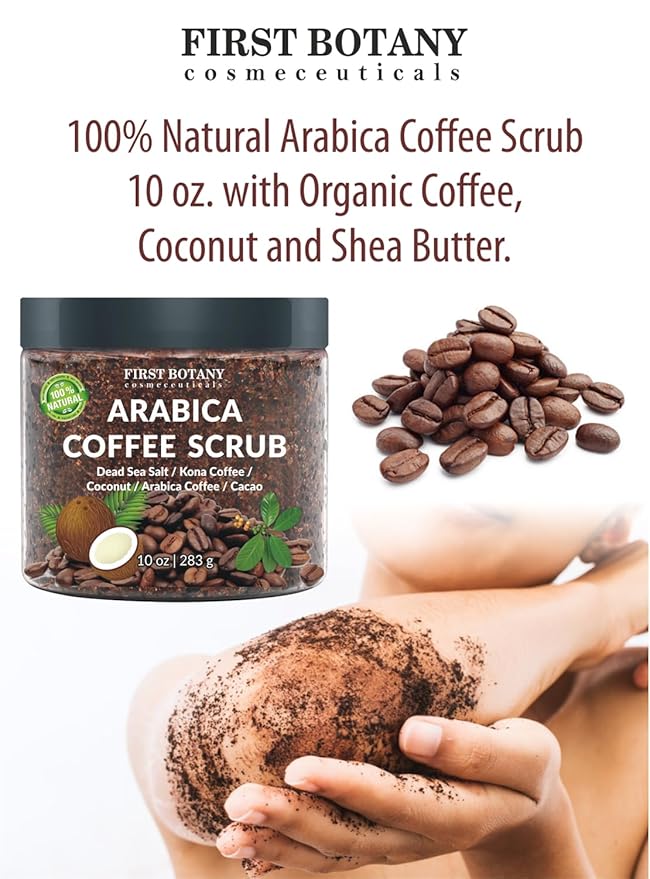 First Botany Cosmeceuticals, 100% Natural Arabica Coffee Scrub with Organic Coffee Coconut & Shea Butter Acne Anti Cellulite & Stretch Mark treatment Spider Vein Therapy, Varicose Veins Eczema, 10 oz-VivaGrace Women