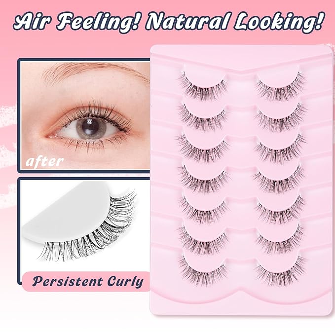 Eyelashes Natural False Lashes 14mm Eye Lashes with Thin Band 3D Volume Fake Eyelashes C Curl Wispy Lashes Natural Look 7 Pair-VivaGrace Women