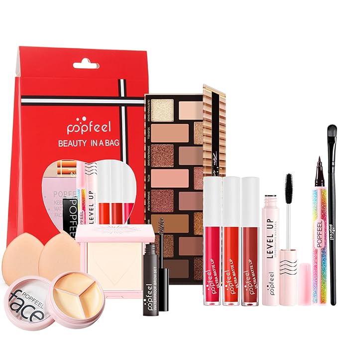 All in One Makeup Kit, Full Starter Essential Makeup Kit for Women Beginners Includes Eyeshadow Palette Lipgloss Mascara Eyeliner Eyebrow Pencil Concealer Powder Puff Set-VivaGrace Women