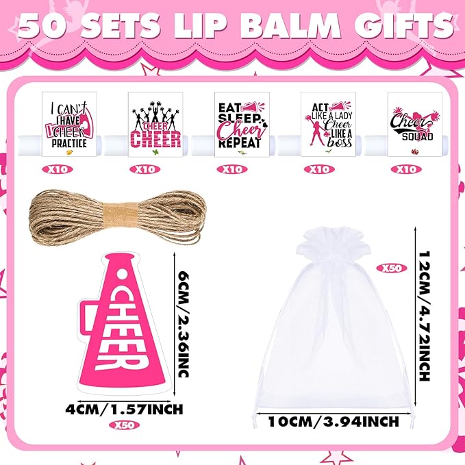 50 Sets Cheer Gifts Bulk 50 Cheer Lip Balm Bulk Moisturizing with 50 Organza Drawstring Gift Bags 50 tags Cheerleader Gifts Cheer Gifts Bulk for Team (Pink)-VivaGrace Women