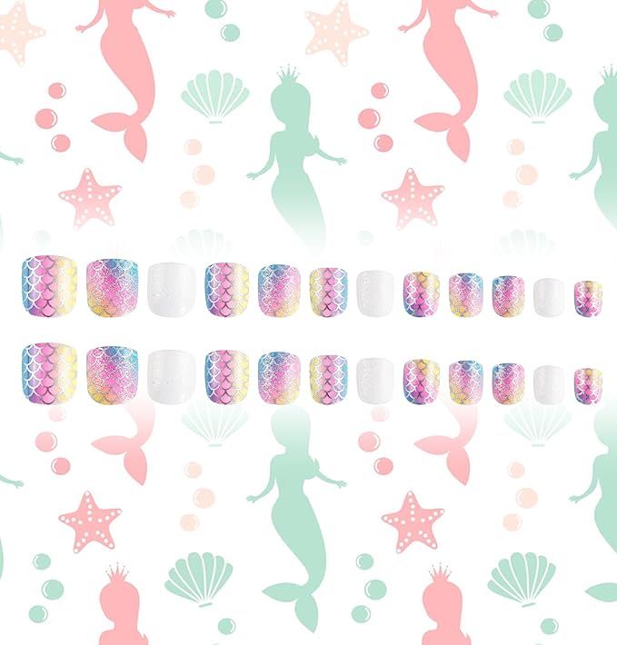 Kids Press on Nails Children Fake Nails 72PCS Artificial Nail Tips Adhesive Full Cover Short False Fingernails for Girls Kids Nail Decoration (Mermaid Unicorn)