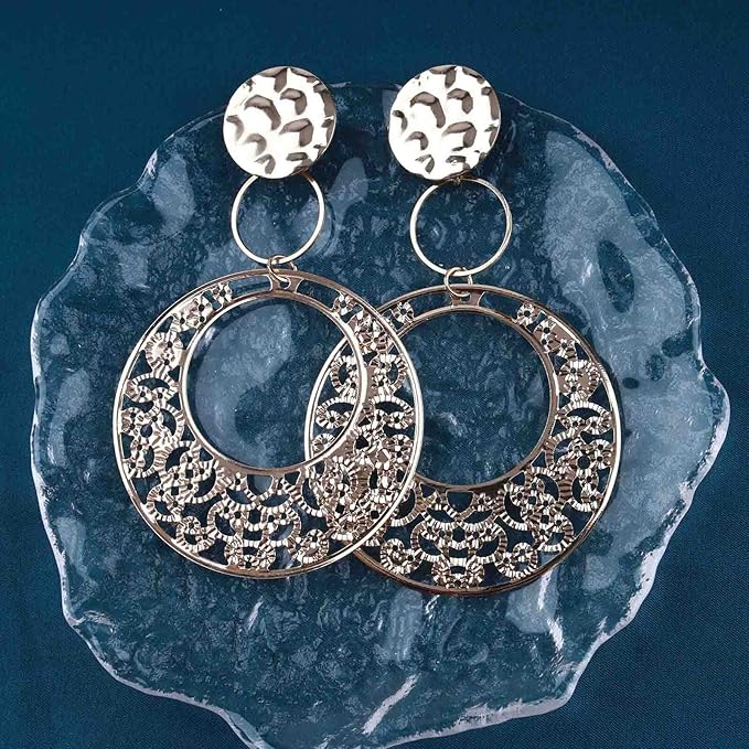 Boho Large Filigree Disc Dangle Earrings Stud Vintage Tribal Ethnic Hollow Carved Earrings Gold Geometric Floral Hoop Drop Earrings Statement Wedding Prom Earrings Jewelry for Women Girls-VivaGrace Women