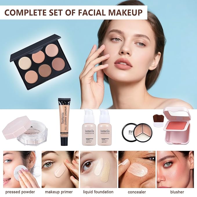All in One Makeup Kit Makeup Kit for Women Full Kit Multipurpose Makeup ,eyeshadow、 liquid foundation,Loose powder,Eyebrow pencil,4-color lip gloss set-VivaGrace Women