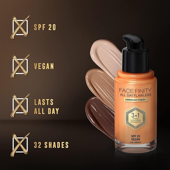Max Factor Facefinity 3-in-1 All Day Flawless Liquid Foundation, SPF 20-90 Amber, 30 ml-VivaGrace Women