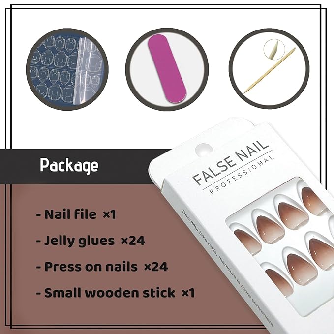 Medium Press on Nails Almond Fake Nails with Ombre Designs Gradient Brown Full Cover False nails Glossy Glue on Artificial Nails for Women