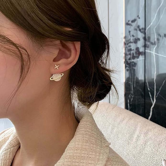 Crystal Saturn Planet Jacket Earrings Vintage Saturn Dangle Earrings Rhinestone Planet Drop Earrings Gold Cz Northstar Stud Earrings Celestial Front Back Earrings for Women Gifts-VivaGrace Women