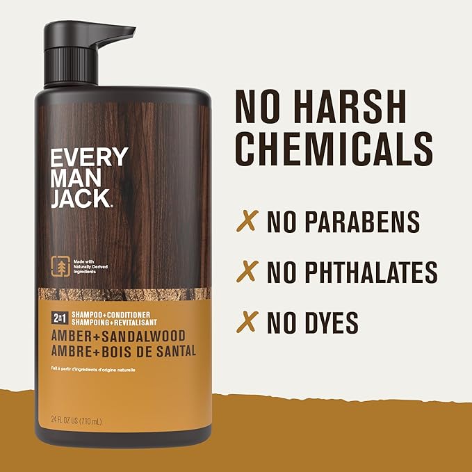Every Man Jack 2-in-1 Daily Shampoo + Conditioner - Amber + Sandalwood | Nourishing For All Hair Types, Naturally Derived, Cruelty-Free Shampoo and Conditioner Set for Men | 24oz -1 Bottle-VivaGrace Women