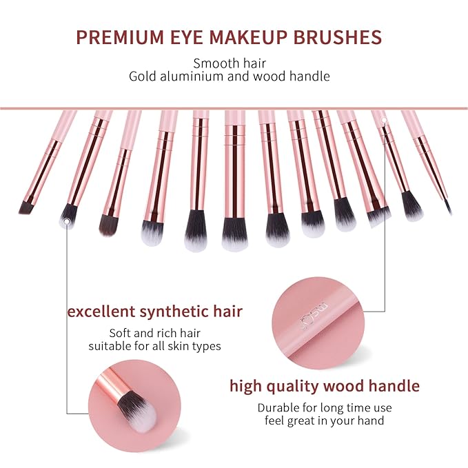 MSQ Eye Makeup Brushes Set with Soft Synthetic Hairs & Real Wood Handle for Eyeshadow, Eyebrow, Eyeliner, Blending (Pink), 12pcs-VivaGrace Women