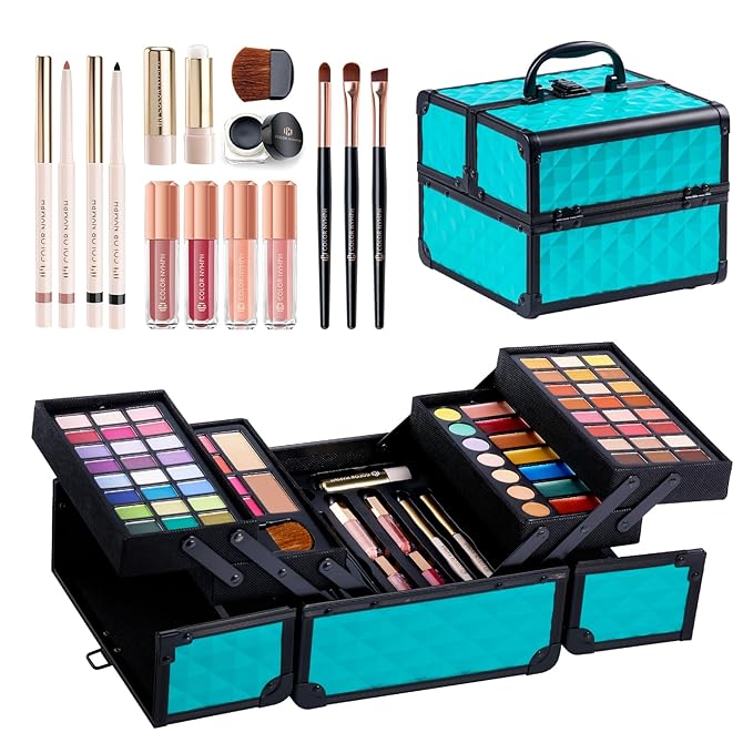 Color Nymph All In One Makeup Kit Comestics Gifts for Girls Teens, Travel Makeup Set 4 Trays Train Case for Beginner Includes Eyeshadow Highlighter Lipgloss Blush Concealer Brush Eyeliner Lipbalm-VivaGrace Women
