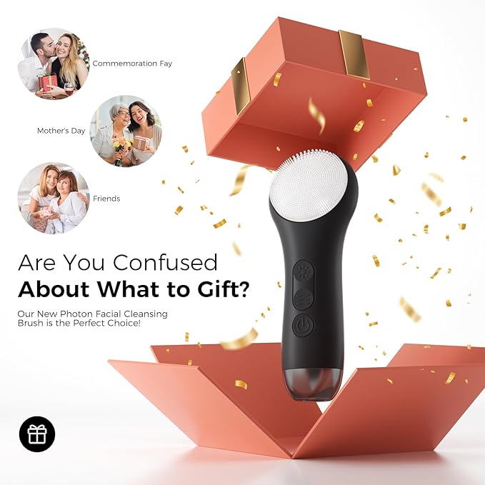 Facial Cleansing Brush: Rechargeable LED Electric Face Cleansing Brush with 4 Gentle Light Liquid Silicone Modes Face Scrubber Exfoliator,IPX7 Waterproof Ideal Gift for Men and Women-Black-VivaGrace Women